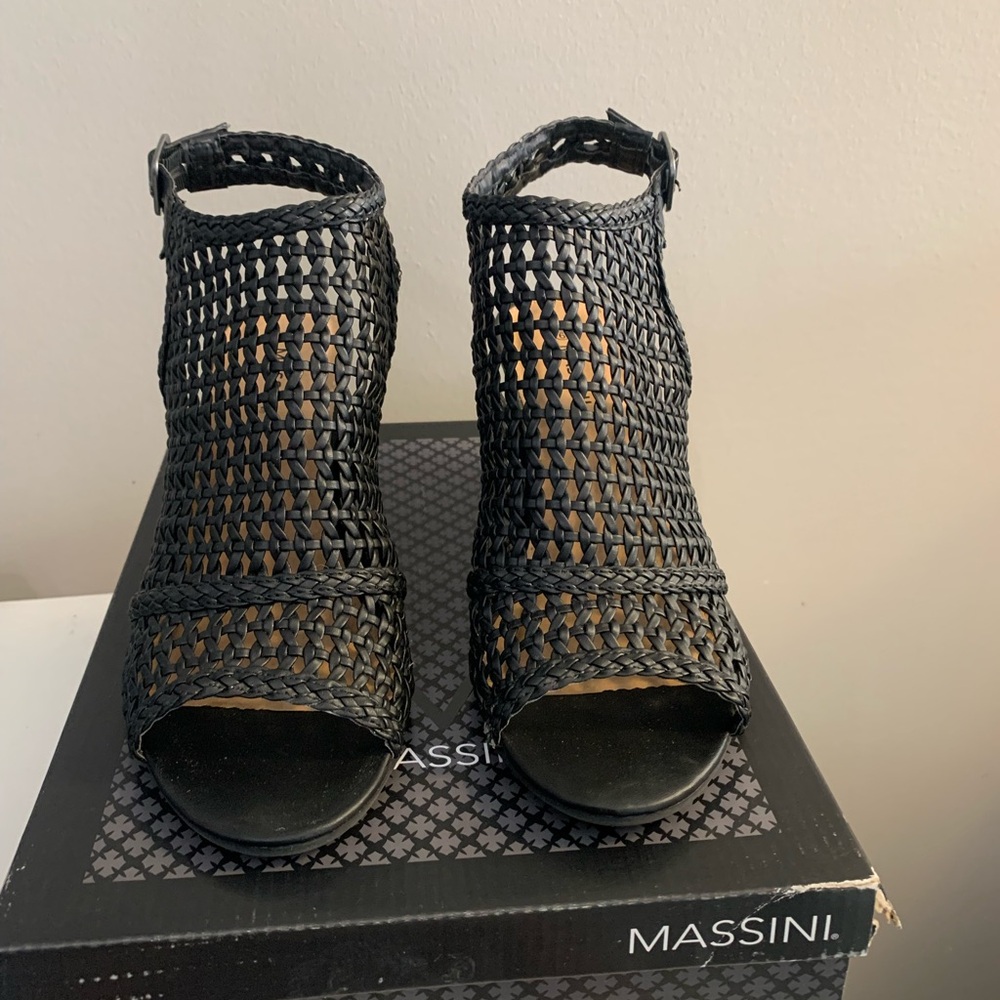 Massini Black Woven Peep-Toe Ankle Sandals